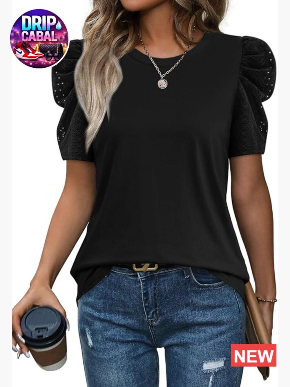 Puff Sleeve Crewneck T-Shirt, Polyester Blend, Casual Blouse